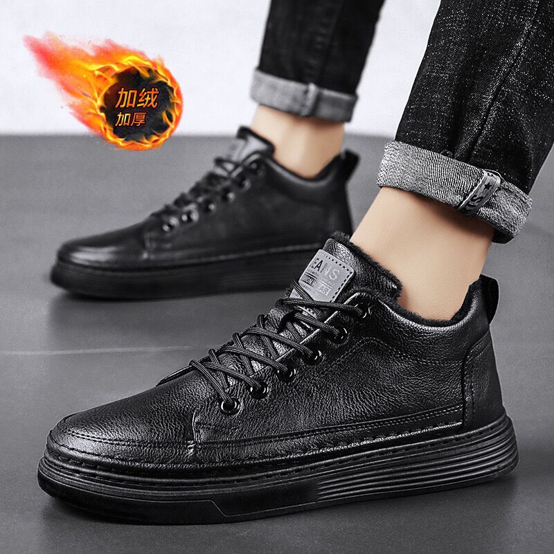 Winter men's shoes fleece-lined chef shoes men's Korean-style versatile non-slip black leather shoes casual thick warm cotton shoes men