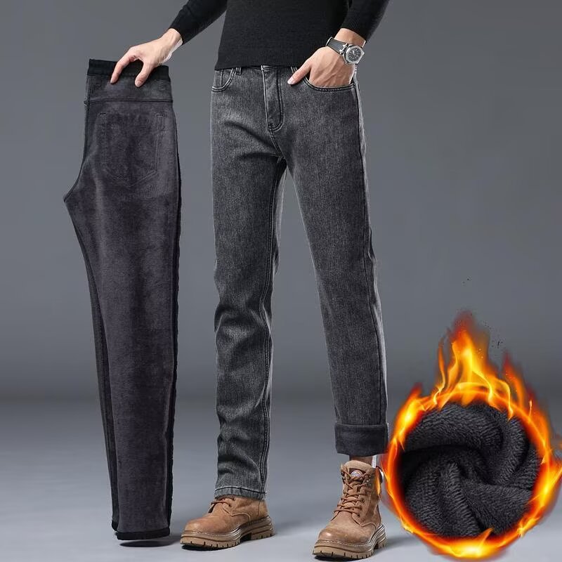 Autumn and Winter Velvet Jeans Stretch Slim Straight 2025 New Work Men's Pants Wear-Resistant Warm Casual Pants