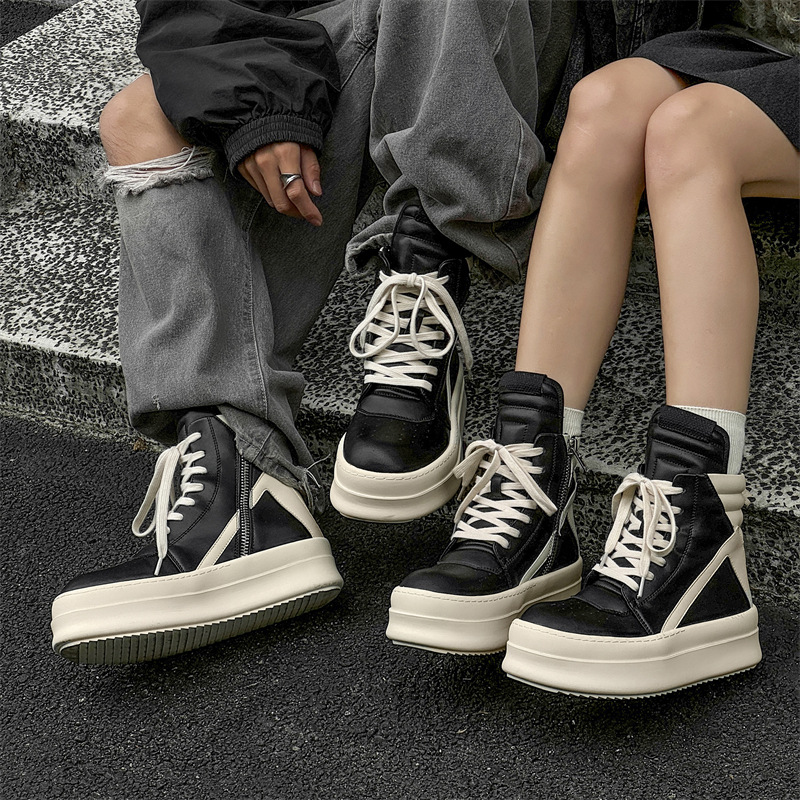 2024 New Inverted Triangle Thick-Soled Sneakers for Men, Autumn and Winter Black and White Fashionable Genuine Leather Dark High Street Couple Trendy Shoes