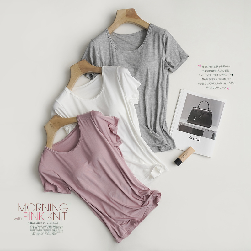 Modal Loose Large Size Short-Sleeved T-Shirt with Chest Pad for Women Bra-Free Cup All-In-One Half-Sleeved Yoga Base Wholesale