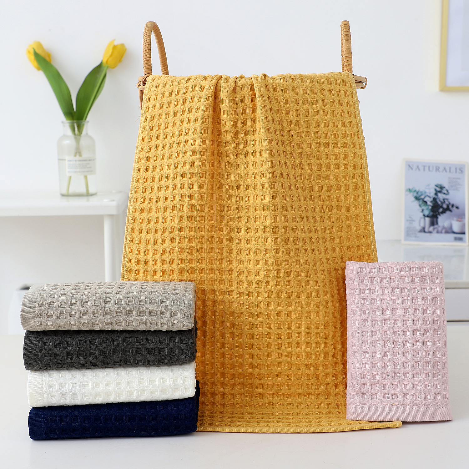 Waffle Pure Cotton Cross-border Bath Towel Household Absorbent Towel Hanging Face Washing Square Towel Bar Table Towel Wrapping Towel Large Bath Towel