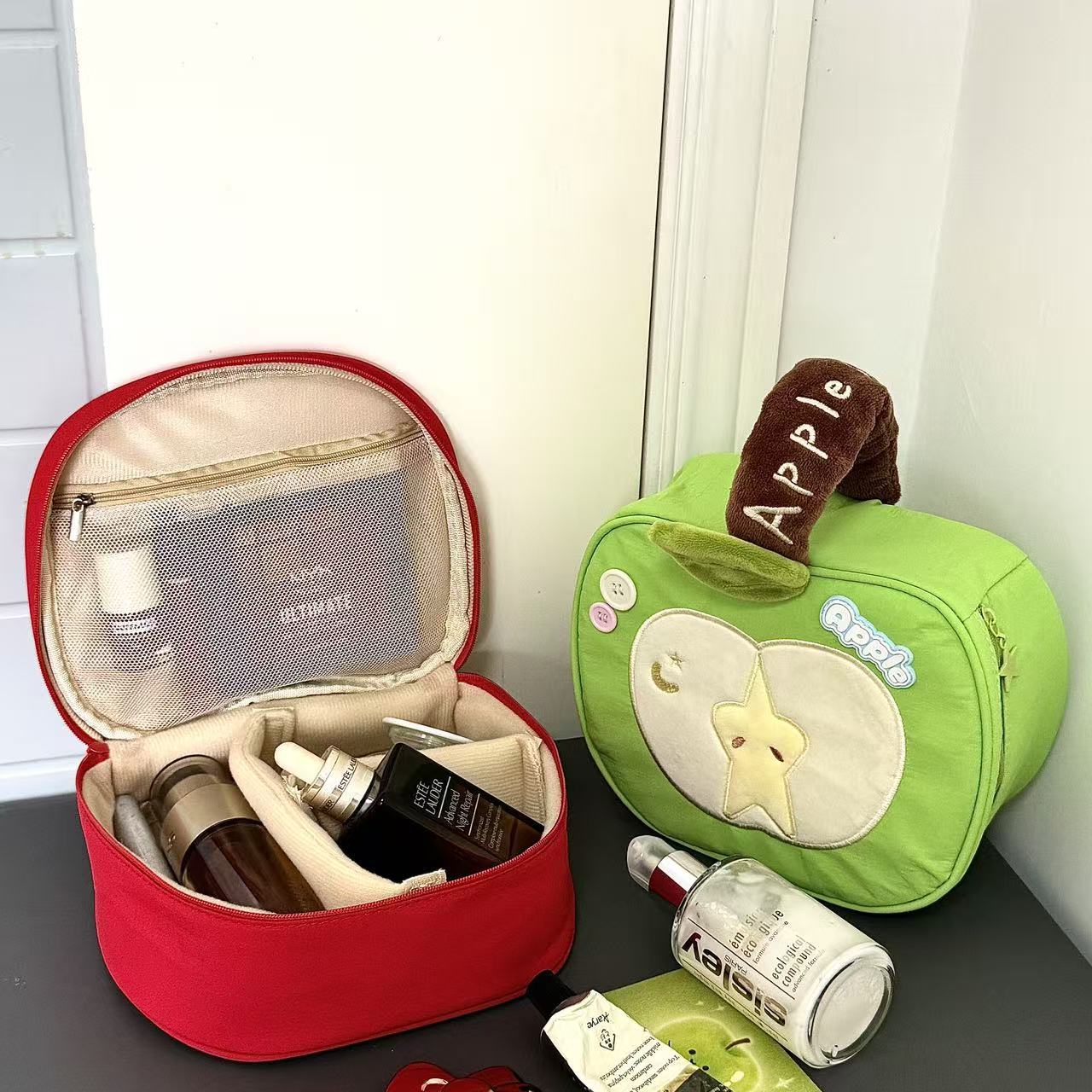 Cute Portable Apple-Shaped Cosmetic Bag Large Capacity Partitioned Portable Travel Toiletry Bag Storage Bag Digital Camera