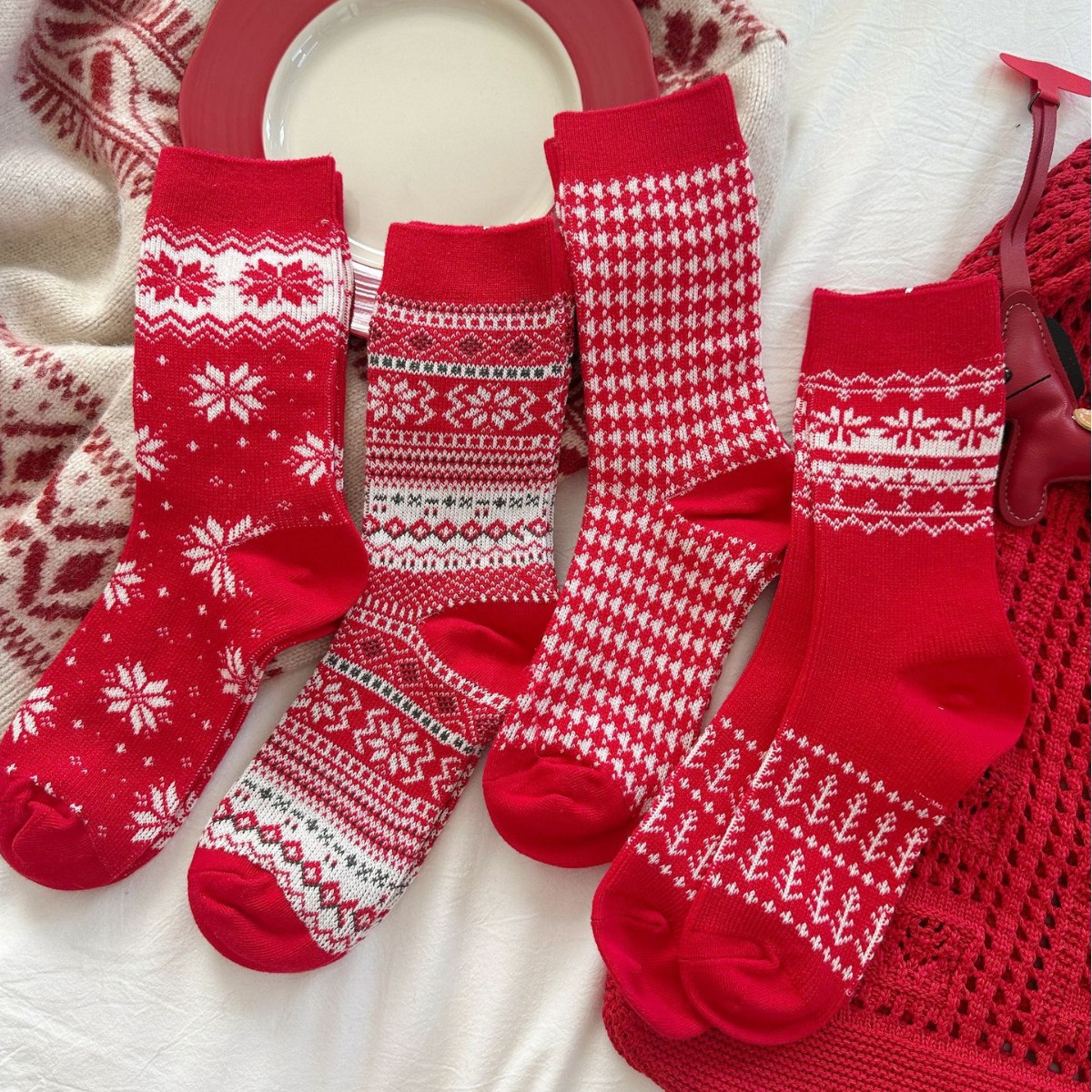 Autumn and Winter New Year Mid-Tube Red Socks for Women's Zodiac Year Thickeneded Double-Needle Double-Way Combed Cotton Pile Socks Snowflake Christmas Socks