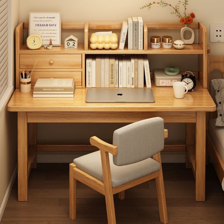 Solid Wood Desk, All Solid Wood Home Student Study Table, Simple Bookshelf Integrated Table, Small Apartment Wall Desk