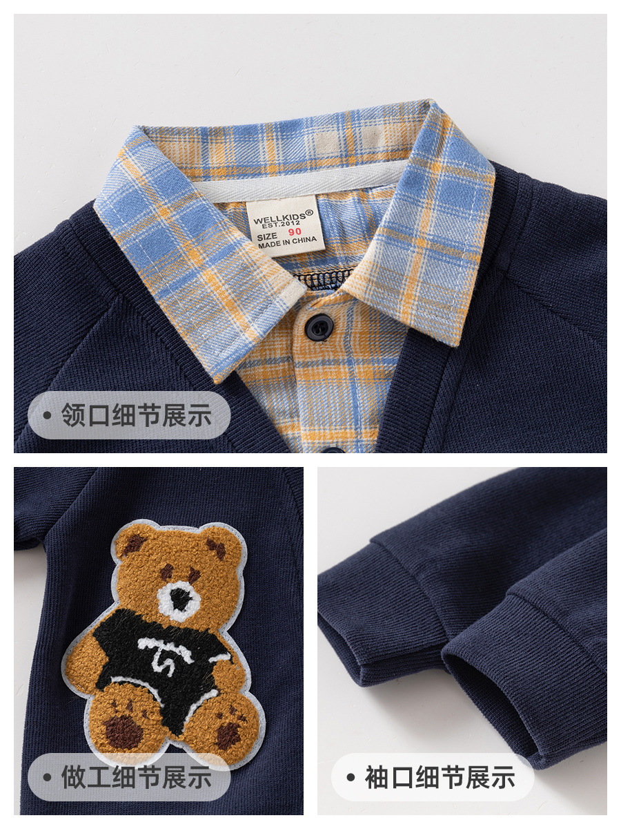 Spring new Korean version of fake two-piece coat children's fashion long sleeve sweater boy cartoon top tide children's clothing wholesale