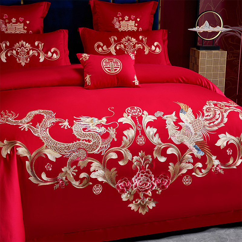 Dragon and Phoenix Embroidery Wedding Four-piece Set Big Red Wedding Multi-piece Set Wedding Bed Sheet Quilt Cover Wedding Bedding