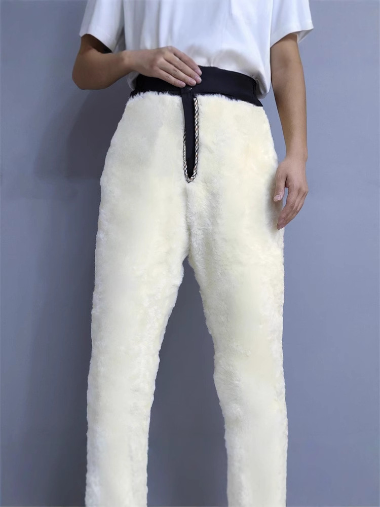 Middle-Aged and Elderly High-Waisted Goatskin Fur Pants Genuine Leather Cold-Proof and Warm Goatskin Pants Goatskin Fur One-Piece Lining Leather Pants