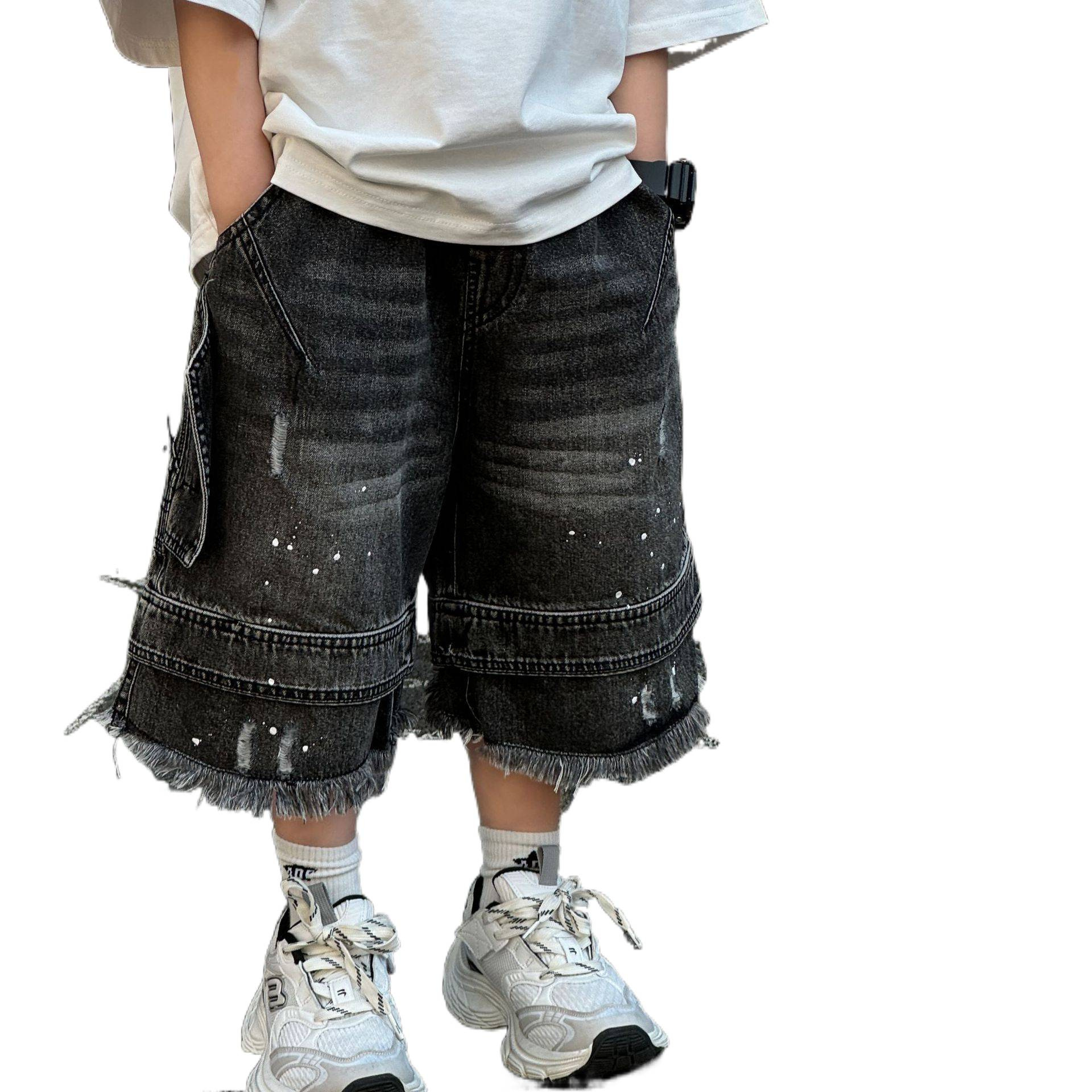 2025 New Summer Korean Style Boys' Versatile Street Washed Distressed Jeans Children's Shorts Trendy