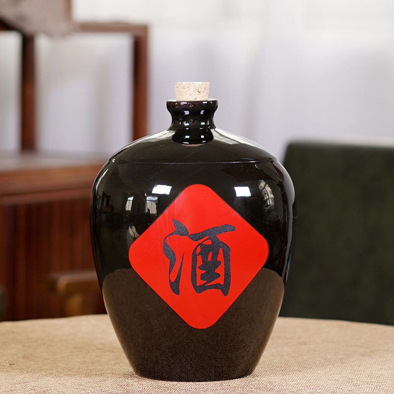Yixing Ceramic Wine Jar Wine Bottle 1/2/3/5/10kg Baked Flower Wine Black Glaze Light Bottle Ceramic Cover Wine Pot