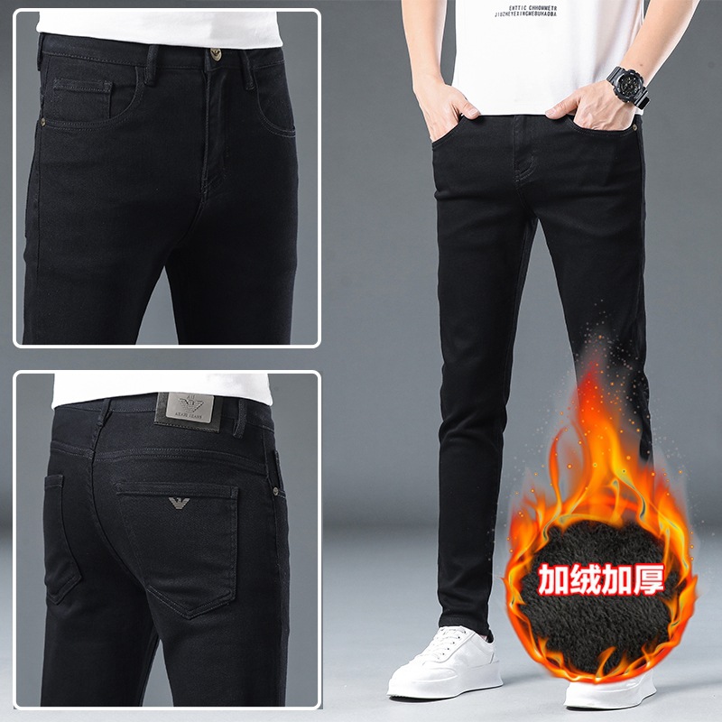 fleece-lined Thickened Warm Jeans Men's Autumn and Winter Thick Men's Slim-Fit Stretch Trousers Soft Breathable 2024 New Arrival