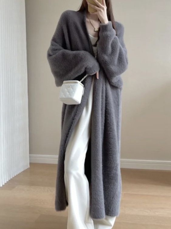 Soft Waxy Imitation Mink Knitted Cardigan 2025 New Autum Loose Large Size Lazy Style Mink Velvet Long Outwear for Women