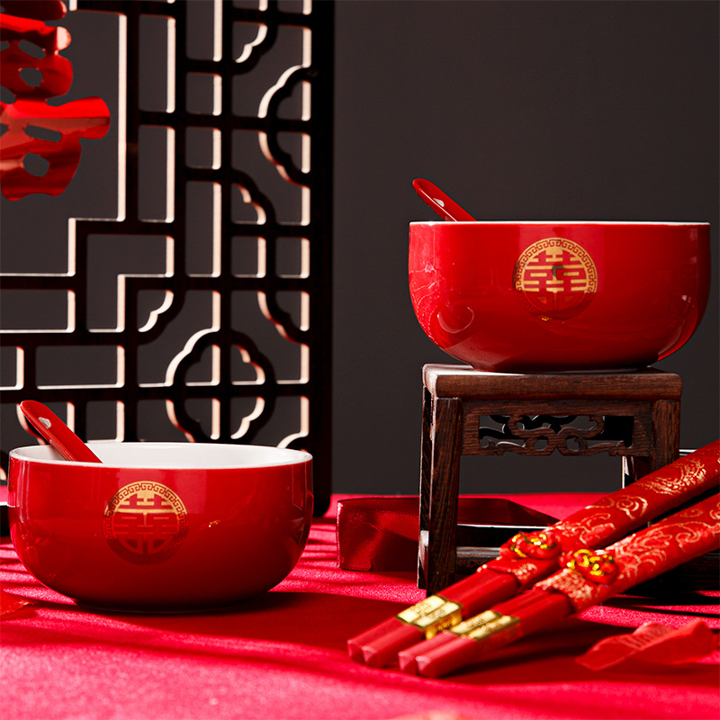 Wedding change to toast Cup a complete set of bowl chopsticks wedding bowl a full set of wedding Red Cover bowl happy cup tea cup wedding gift