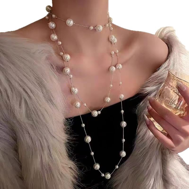 French-Style Fashion Long Pearl Necklace for Women, Elegant and Luxurious Sweater Chain, Versatile Autumn and Winter Clothing Accessory