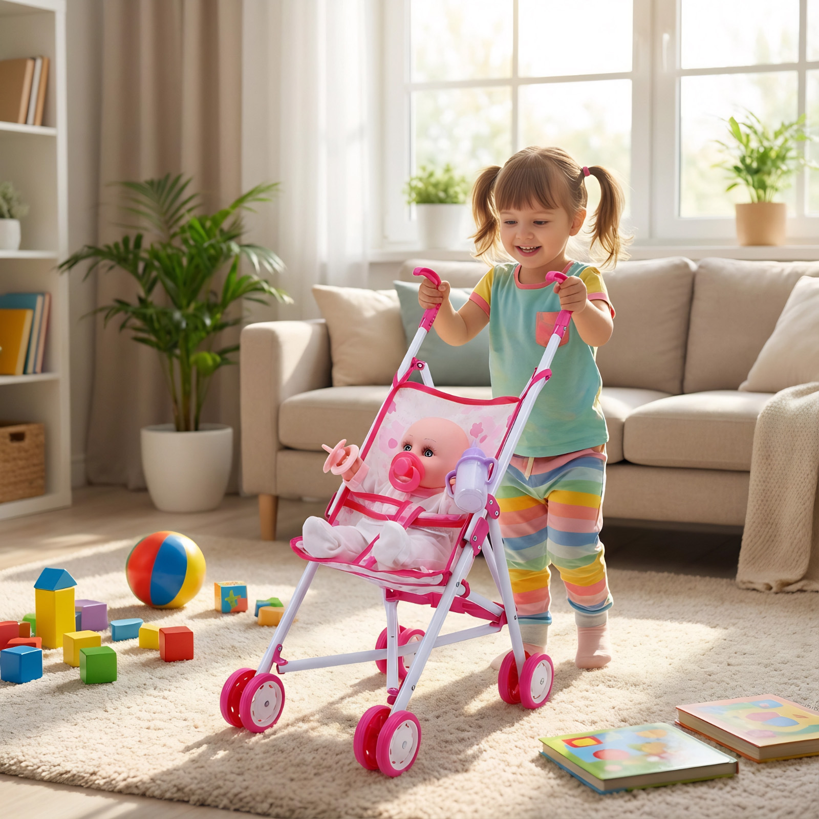 Cross-Border Children's Toys Girl's Play House with Doll Stroller Simulation Baby Doll Foldable Stroller