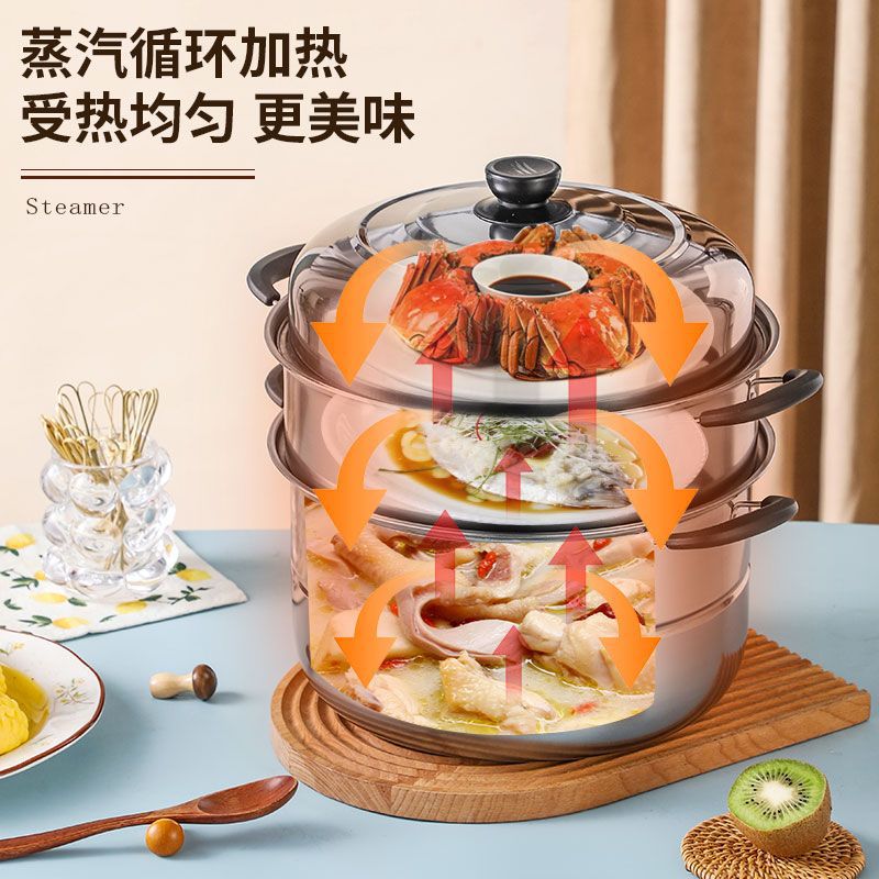Thickened Stainless Steel Double-Layer Steamer Household Two-and Three-Layer Pot Large Soup Pot Steaming Fish Steaming Pot Induction Cooker Gas Stove