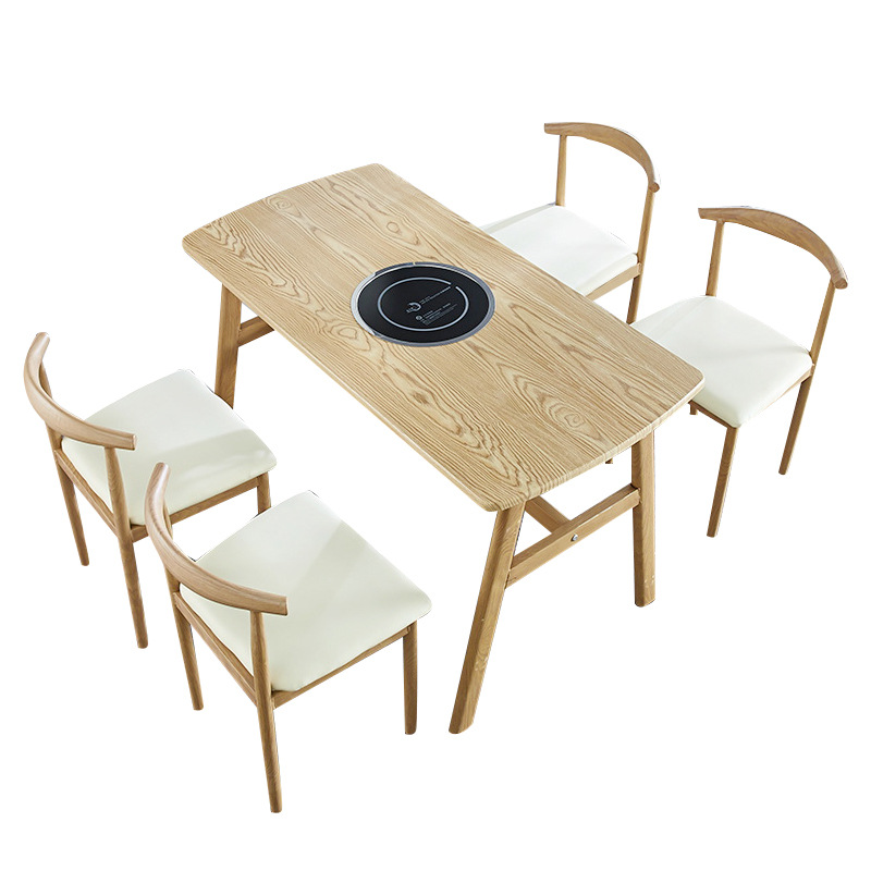 Theme Hot Pot Table Induction Cooker Barbecue All-In-One Skewers Catering Dining Table Rectangular Hotel Table and Chair Combination W&