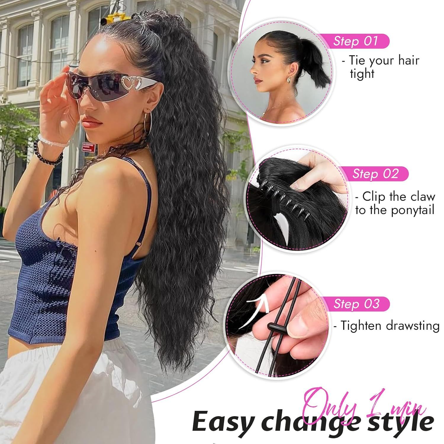 Wig ponytail high temperature silk water ripple long curly hair fluffy corn hot clip ponytail hair extension Ponytail
