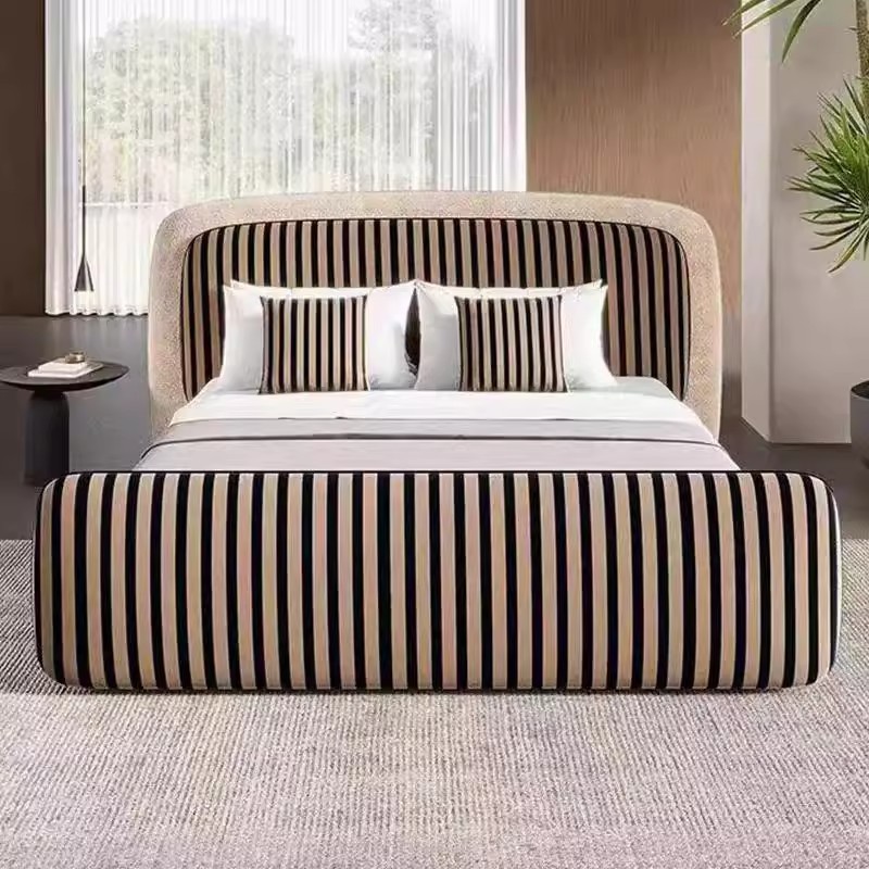 Italian-Style Fabric Bed with Lambswool Black and White Striped Bed, High-End Custom Design Velvet Bed for Luxury Villas, Double Bed