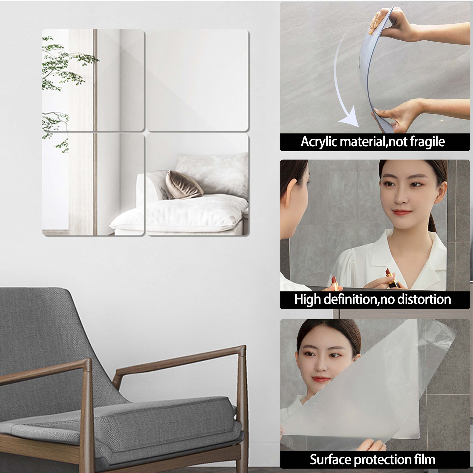 Зеркало для ванной 2мм, высокое разрешение, настенное, самоклеящееся, акриловое, мягкое, без сверления, для макияжа