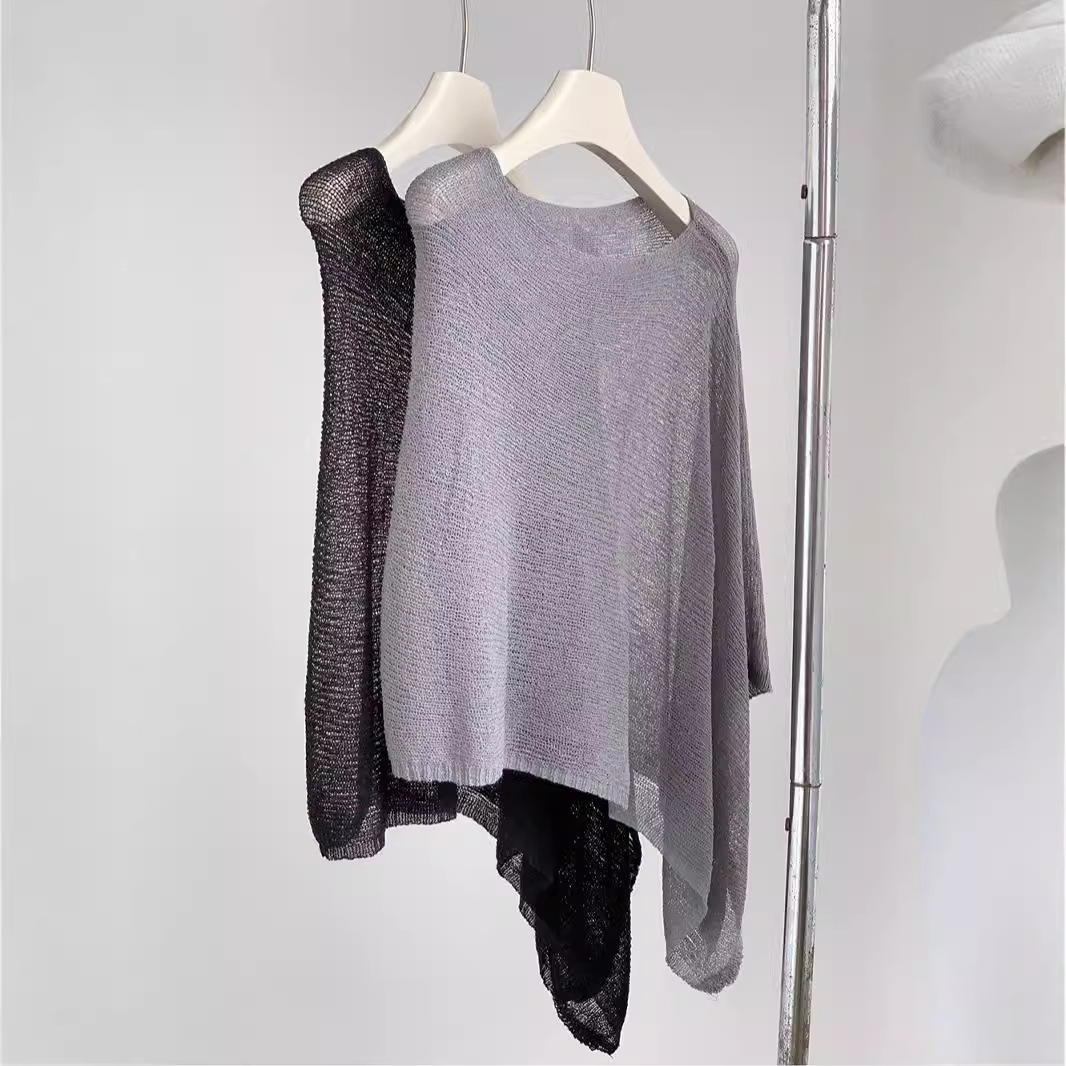 Designed Asymmetrical Cape Shawl Sun Protection Shirt for Women Spring and Summer Loose Lazy Thin Ice Silk Knitwear Top