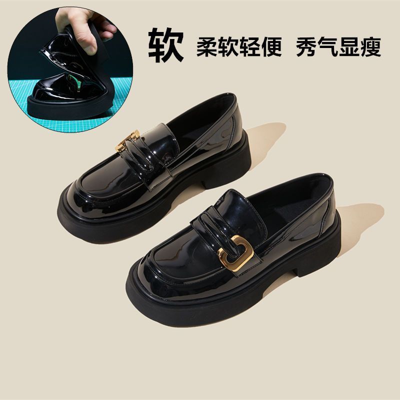 Small Leather Shoes Women's British Style Flats 2025 New Spring and Autum Retro Thick-Soled Loafers Black Women's Shoes