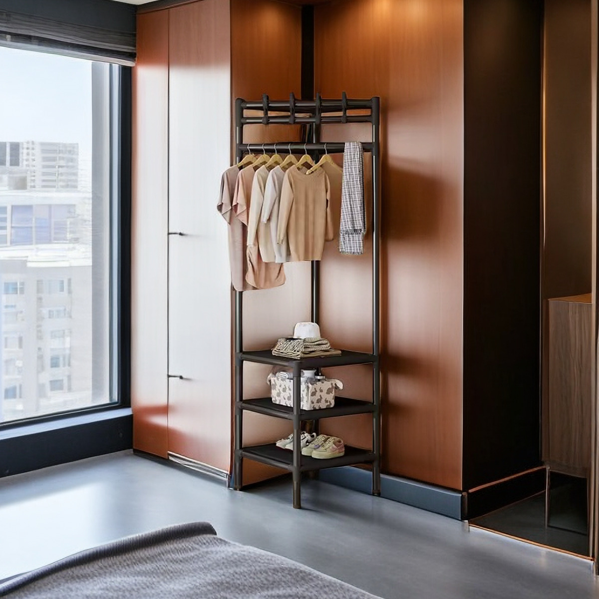 Угловая вешалка для одежды, напольная, для спальни, прикроватная полка, угловая вешалка для одежды, простой обувной шкаф