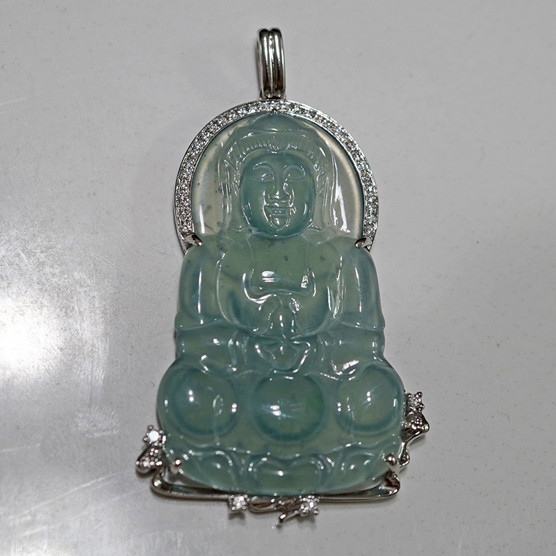 Подвеска из платины Pt950 с культивированным бриллиантом, нефритовая Гуаньинь, инкрустированная полным бриллиантом