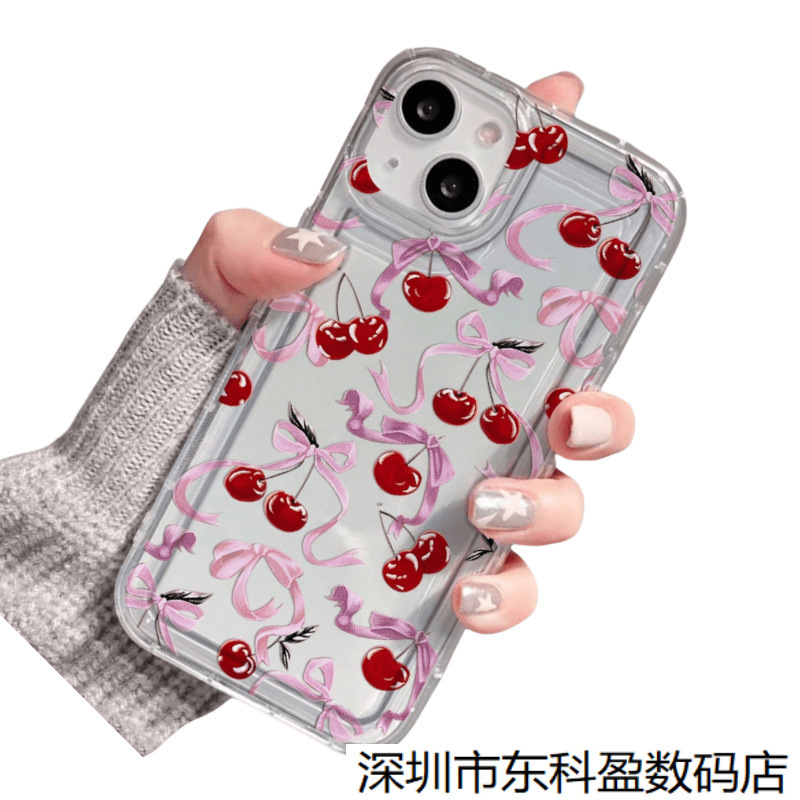 Bow Cherry Suitable for Apple 17Pro All-Inclusive 16Promax Mobile Phone Case 14 Accessible Luxury 13 Hot Style 12P Soft