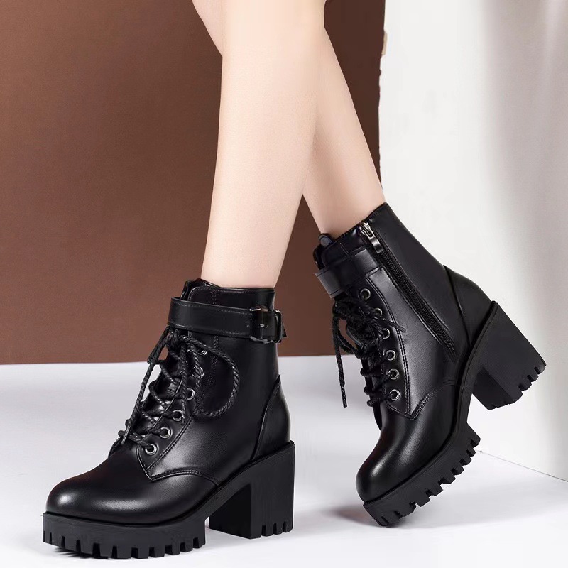 Foreign Trade plus size 24 Autumn New Lace-up Round Buckle with Thick Bottom Short Tube Women's British Style Fashion Martin Boots