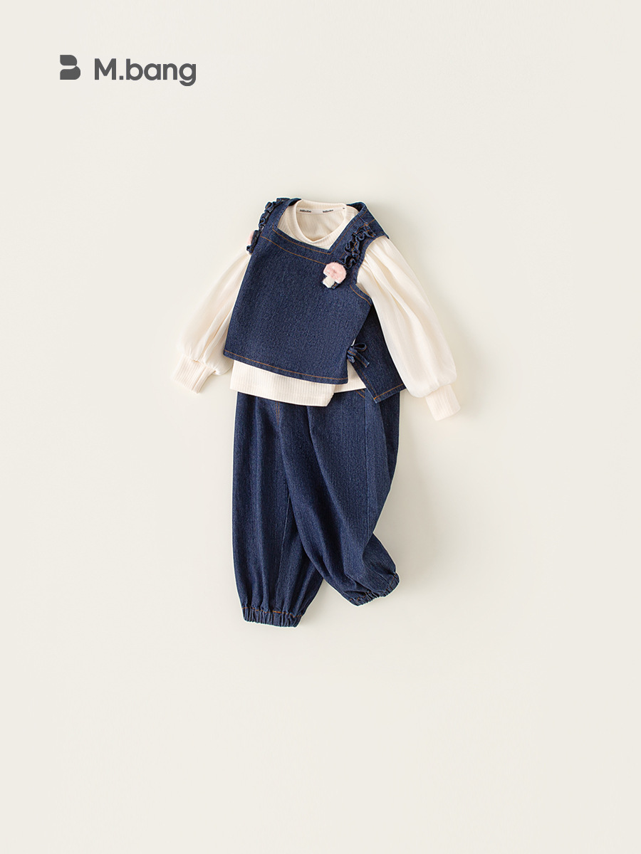 Bong Selected Girls Autumn New Sweet suit Children's Ear-rimmed Vest Bubble Sleeve Inner Jeans Three-piece Set