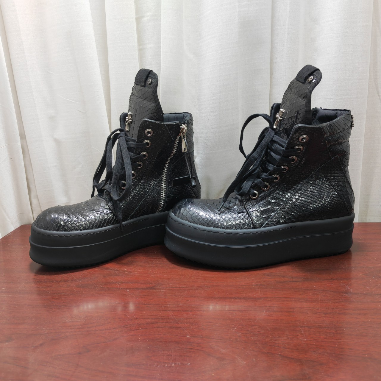 Independent Inverted Triangle Thick-Soled All-Black Snake Pattern Cowhide Croch Fashion Couple Street High Boots Height-Increasing Men's Shoes