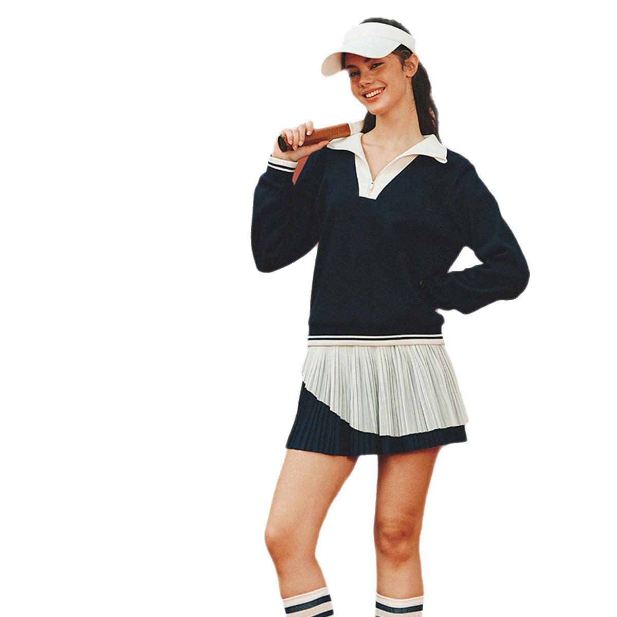 Autumn Lapel Zipper Tennis Suit for Women, Contrasting Color Casual Fitness Top, High Waist Slim Pleated Sports Skirt
