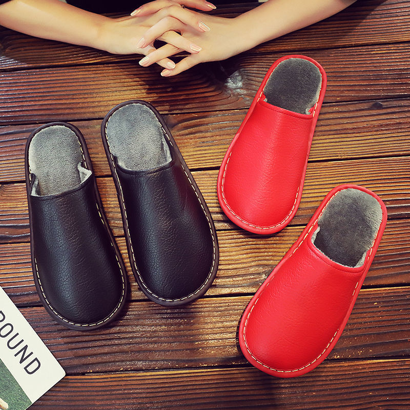 Haining Leather Slippers for Men and Women, Winter Couple Cotton Slippers, Waterproof Pu Leather Maternity Shoes, Thick-Soled, Non-Slip, Warm and Thickened