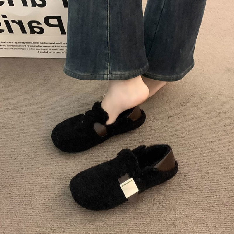 Furry Shoes for Women, New Autumn and Winter Style, Dual-Wear, Fleece-Lined Loafers, Mary Jane Shoes, Soft and Fluffy Cotton Shoes