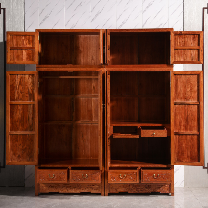 Chinese Carved Bedroom Large Wardrobe Solid Wood Top Box Cabinet Combination Furniture 4-Door Fully Assembled Double-Layer Cabinet Storage Cabinet Antique