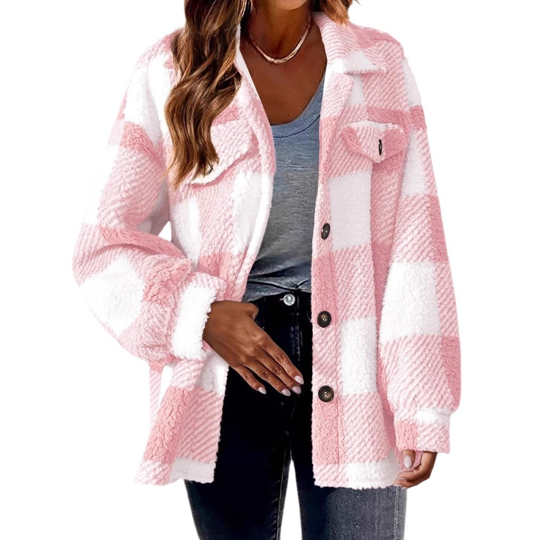Spot Cross-Border Amazon European and American Autumn and Winter Open Button Lapel Plush Jacket Plaid Pattern Button Jacket to Heattech