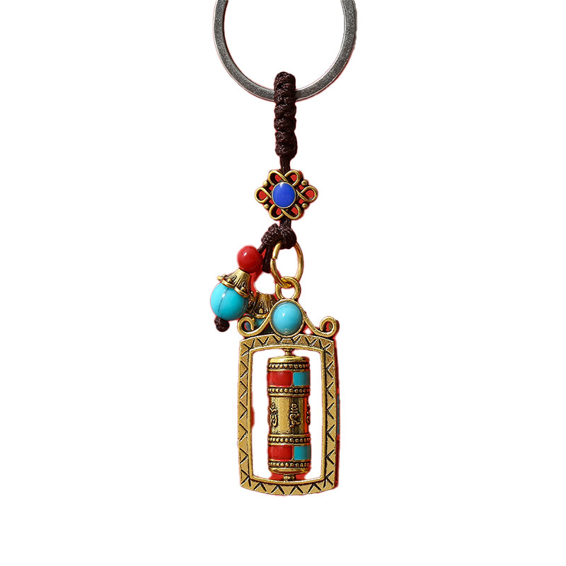 New Xizang-Style Nine-Grid Bagua Amulet Small Prayer Wheel Six-Character Mantra Car Keychain Direct from Manufacturer