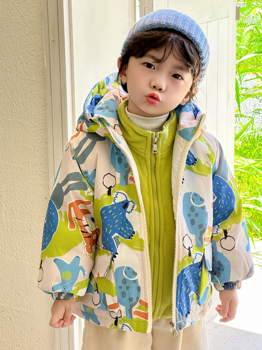 2025 New Boys' Jacket Autumn and Winter Clothing Children's Baby Cotton-Padded Warm Hooded Cartoon Stylish