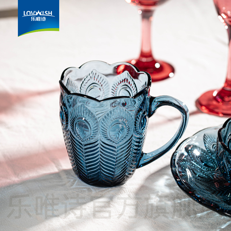 Dark Blue Peacock Salad Bowl Fruit Plate Glass Handle Cup Creative Gift Set Business Event Sign-In Gift Series Soup Bowl