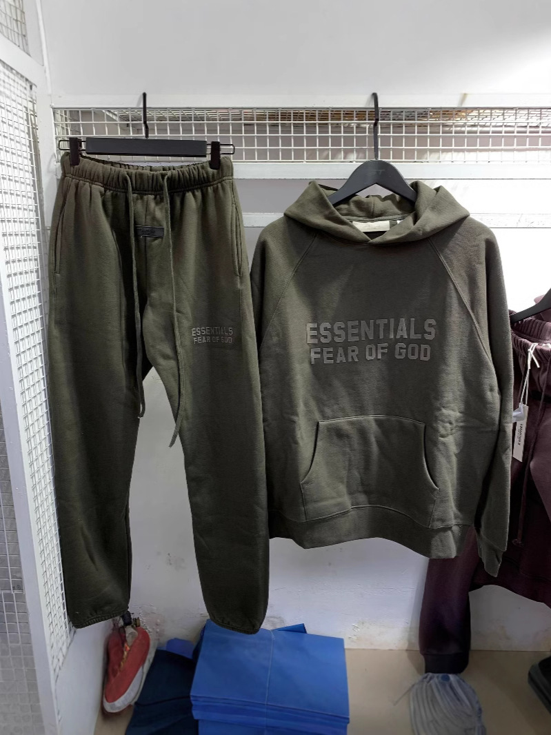 FOG Double Line ESSENTALS Double Row Flocking Letter fleece-lined Hooded Sweatshirt Casual Men and Women Couple suit Fashion