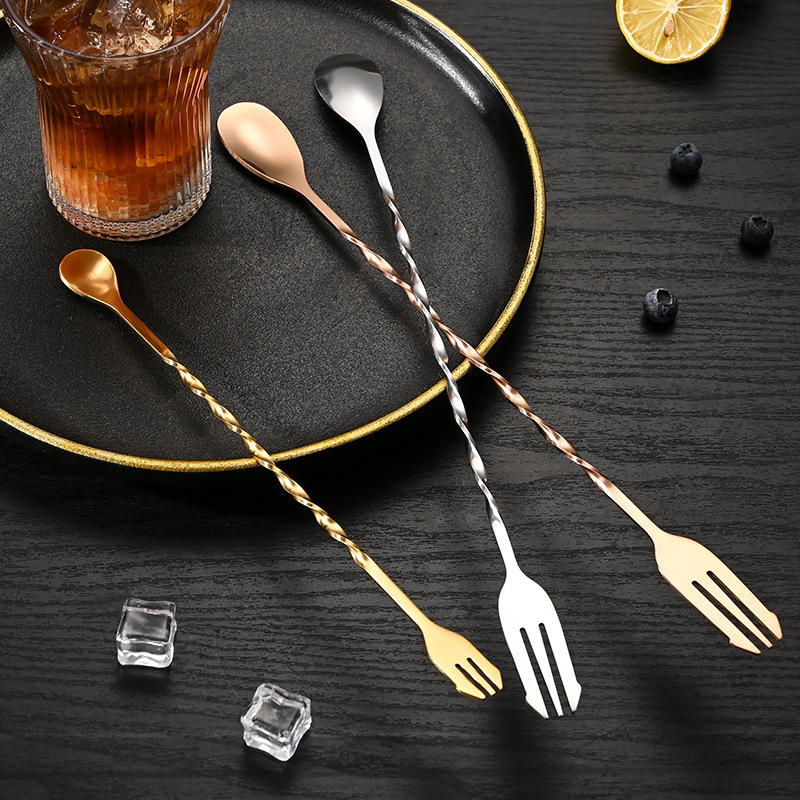Stainless Steel Mixing Spoon Bar Spoon Cocktail Long Handle Bar Spoon Ice Spoon Double-Head Dual-Use Mixing Spoon Fork