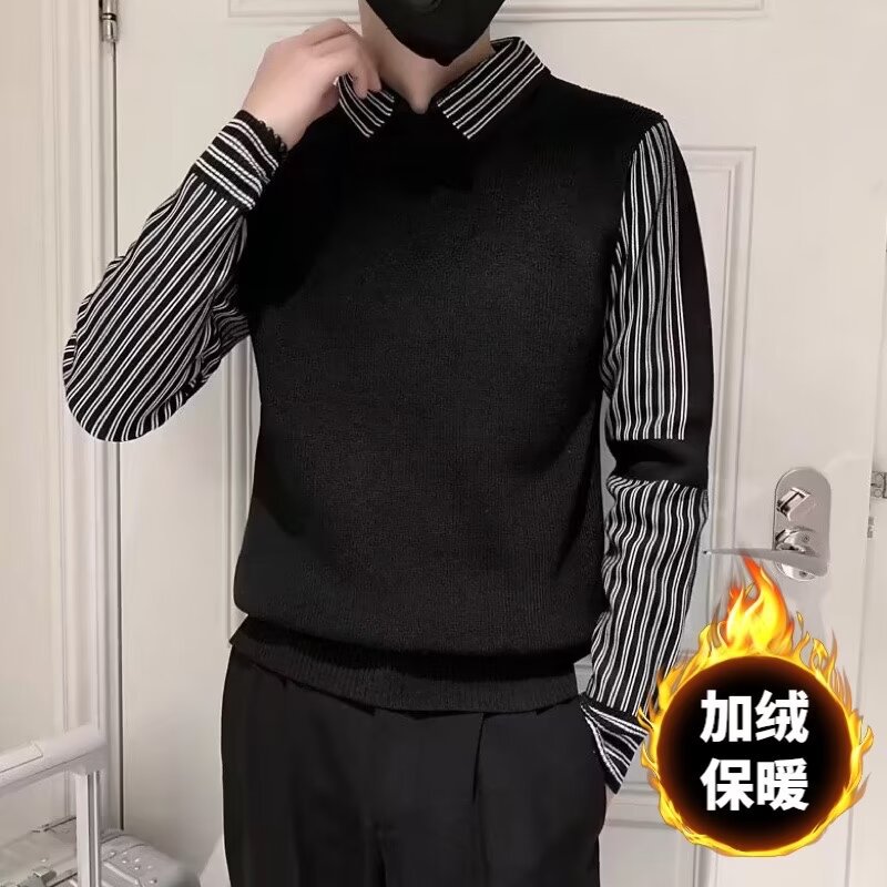 2024 fleece-lined thickened fake two-piece striped lapel sweater men's autumn and winter fashion brand advanced slim sweater sweater sweater