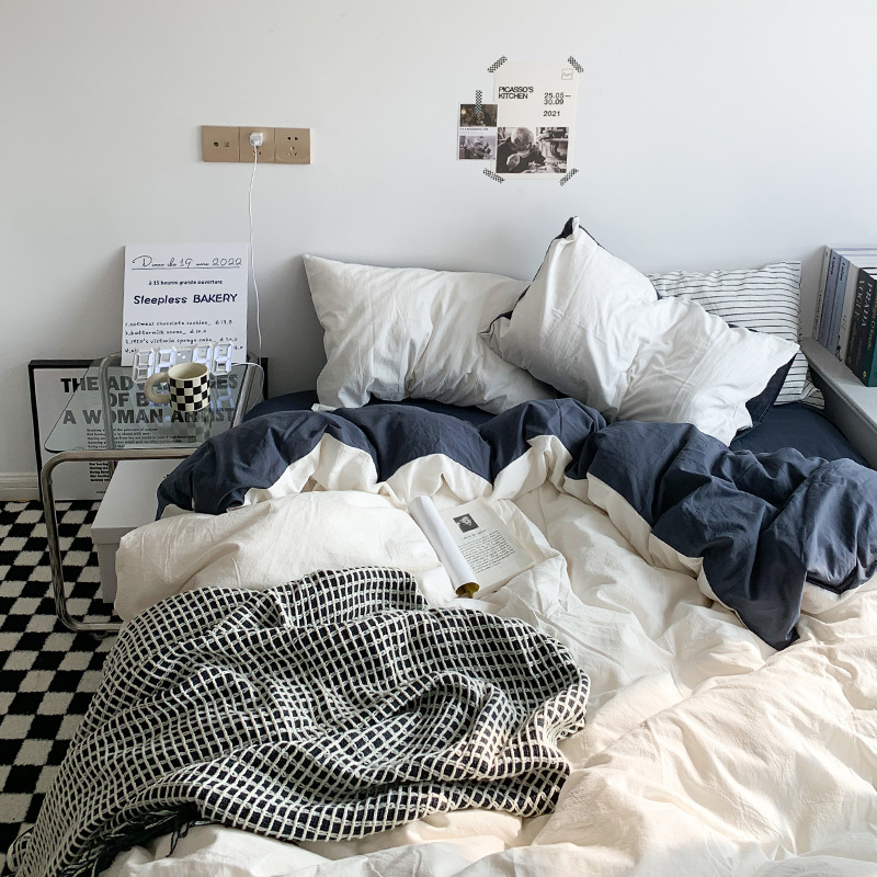 Washed cotton solid color four-piece bedding set Japanese simple brushed bed sheet quilt cover wholesale dormitory three-piece set