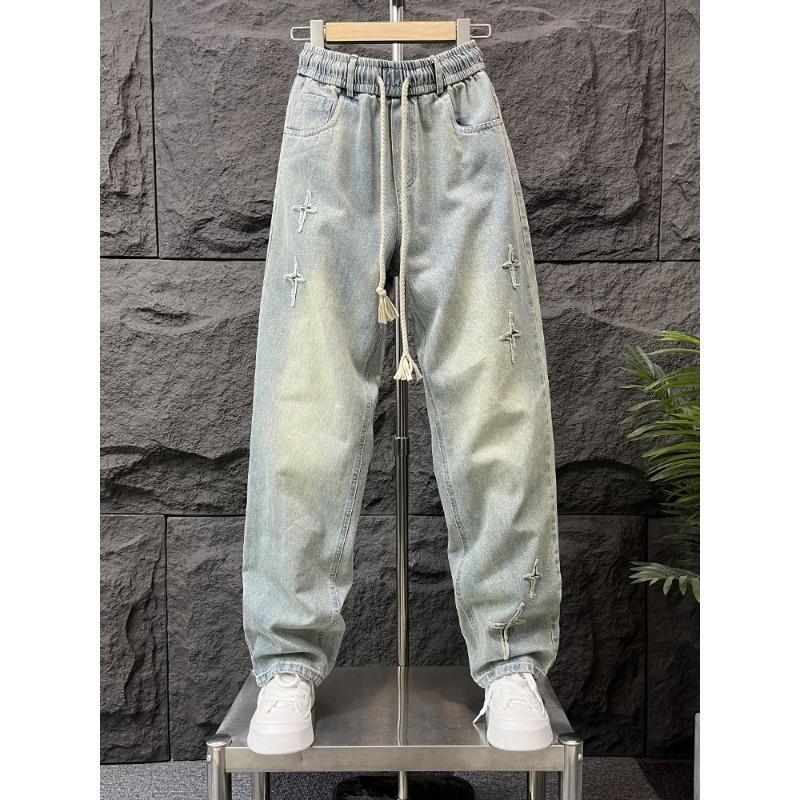 American Retro Washed Embroidered Jeans Men's Trendy High Street Loose Straight Wide-Leg Pants Men's Floor-Length Trousers