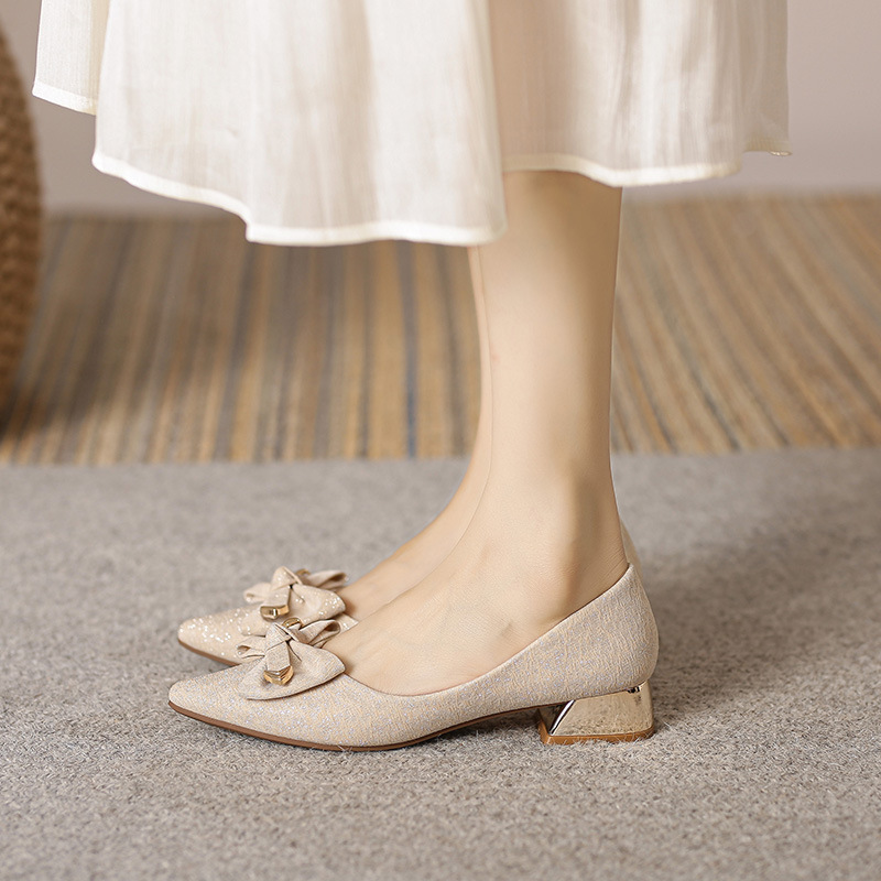 2024 Spring New Evening Shoes French Thick Heel High Heels Pointed Toe Single Shoes Women's Medium Heel Large Size Shoes 40-43 Women's Shoes