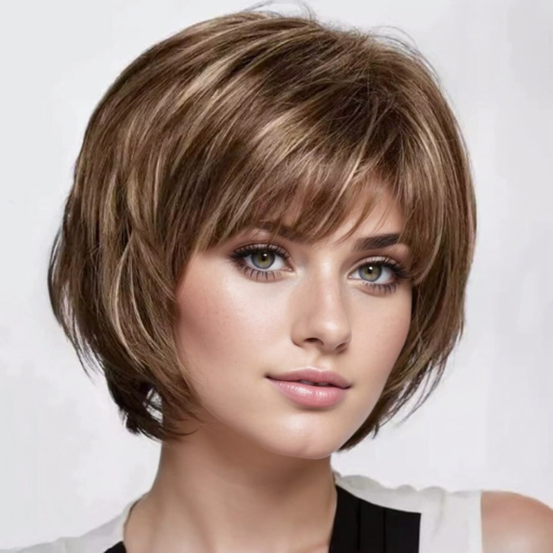 Foreign trade wig short straight wig ladies short brown fashion European and American chemical fiber headgear in stock wholesale short curly hair