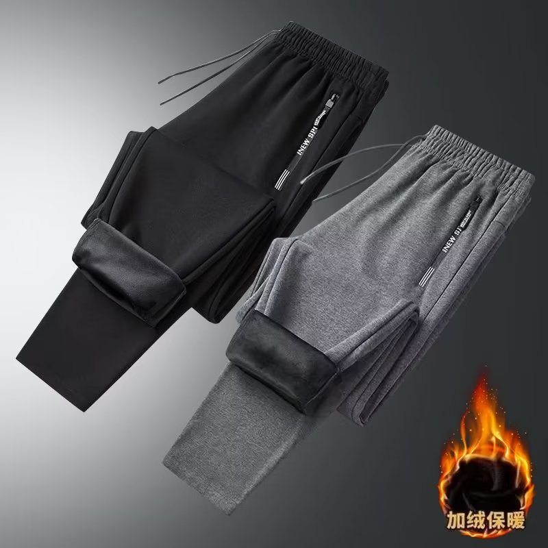 Men's Korean Style Trendy Pocket Zipper Winter Fleece-Lined Sports Pants Loose Youth Casual Sweatpants Summer Thin