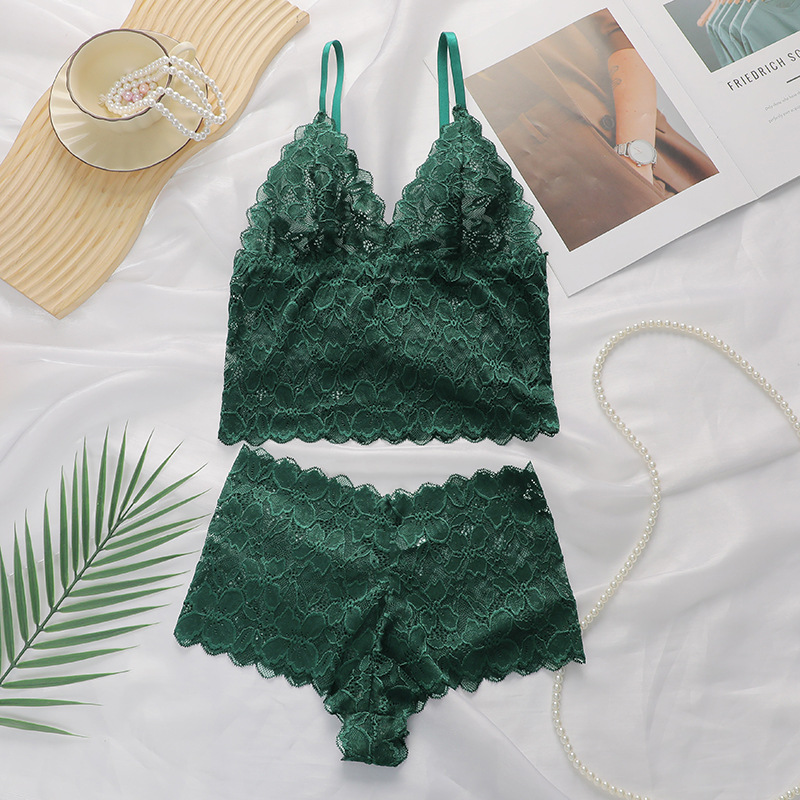 Cross-Border Amazon European and American Sexy Lace Women's Underwear French Wire-Free Push-Up Vest Bra Set