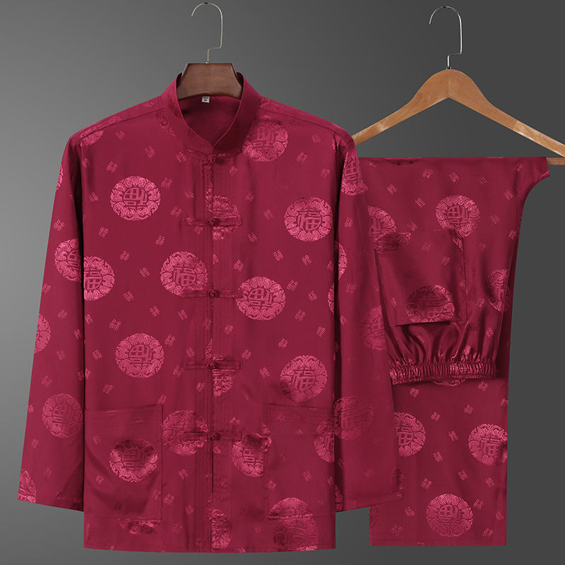Китайский костюм Тан для пожилых мужчин, ледяной шелк, длинный рукав, летний, для мужчин среднего и пожилого возраста, на день рождения, костюм для дедушки, весенне-осенний