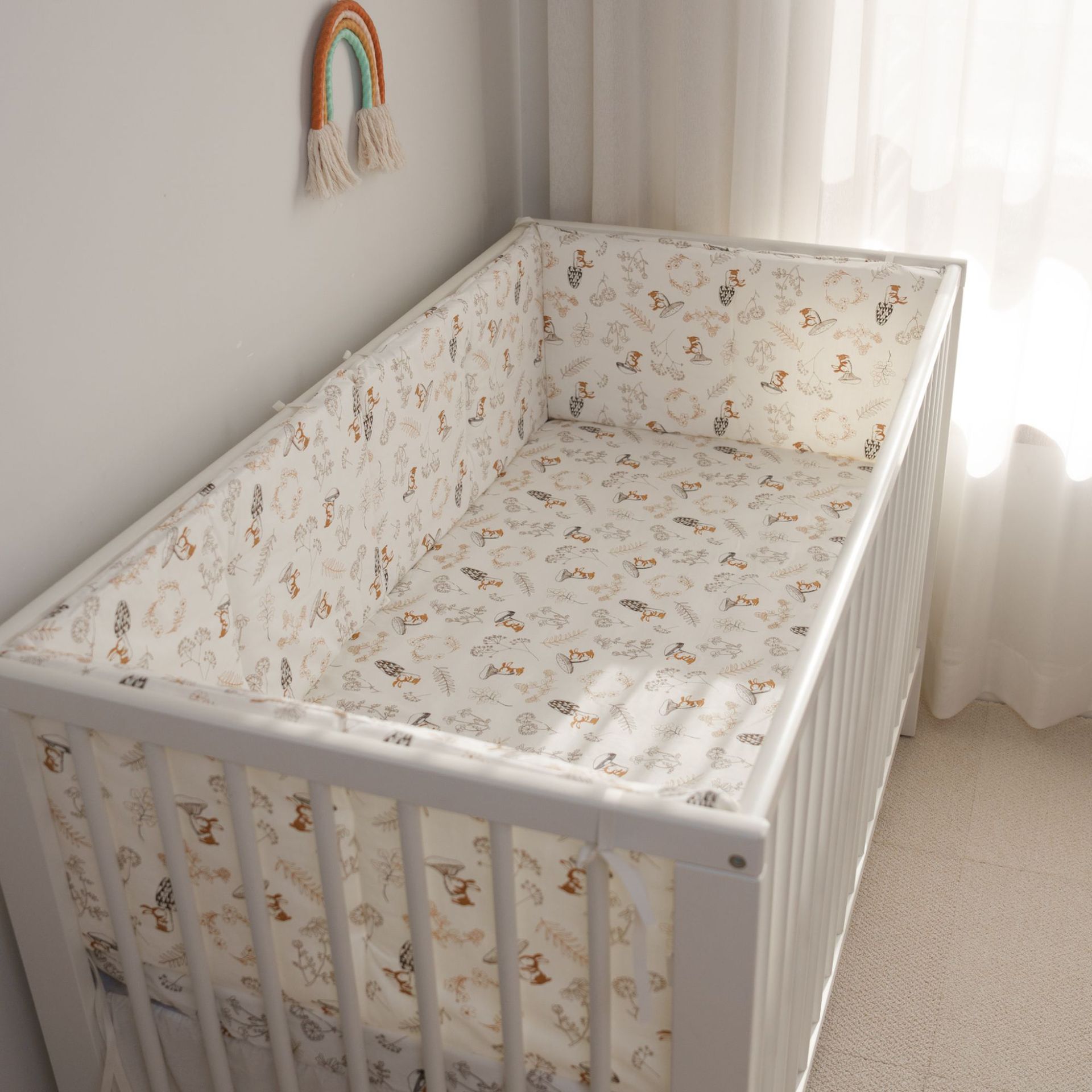 Ограждение для детской кроватки антиколлизийный блок тканевый мягкий мешок 100% хлопок грибочек кролик 120*30 одно целое